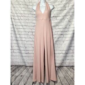 Edikted Pink Ribbed Halter Wide Leg Jumpsuit Small V-Neck Open Back Boho Relaxed